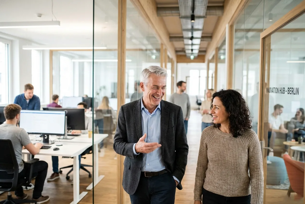 Interim Manager im Gespräch mit Teamkollegin im modernen Büro
