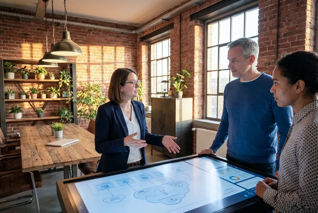 Team bei der Planung einer Cloud-Architektur am interaktiven Display