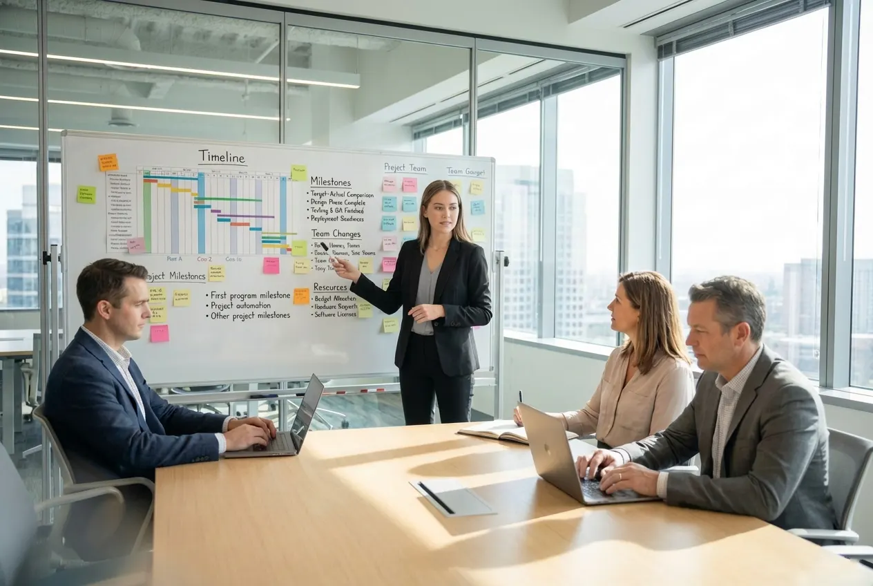 Programm Managerin präsentiert Timeline und Meilensteine am Whiteboard